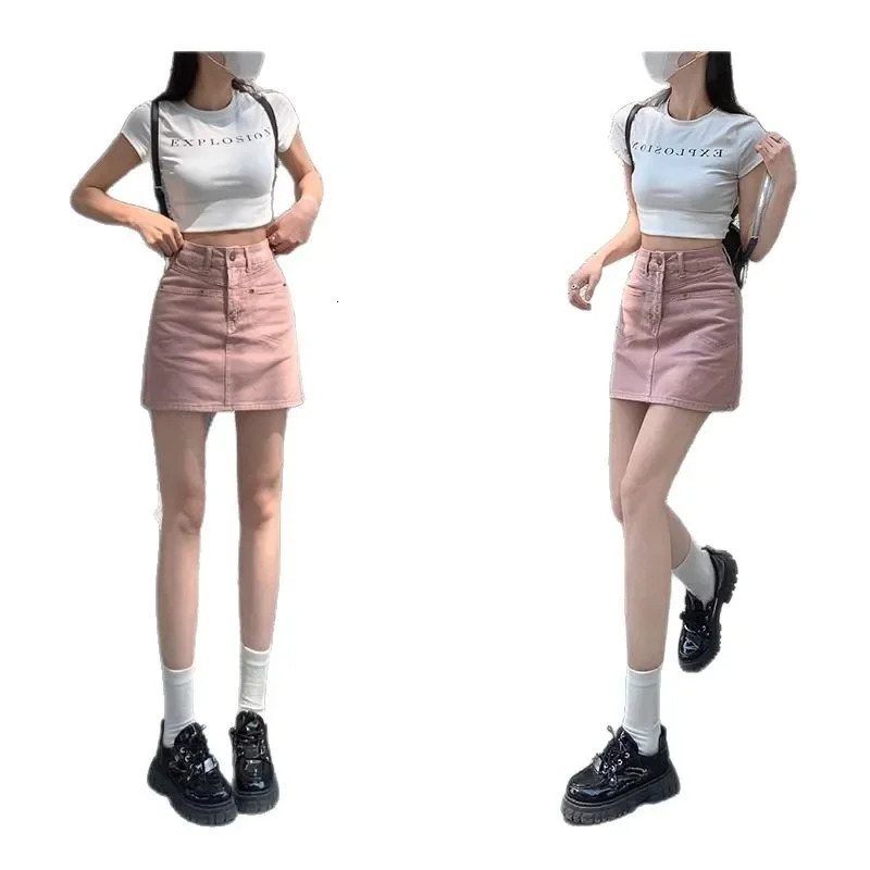 High Waist Denim Mini Skirt Women Summer plus Size Conceal Belly A Line Half Body Skirts Pinkish Brown Fabric Pocket Deco 250516Z