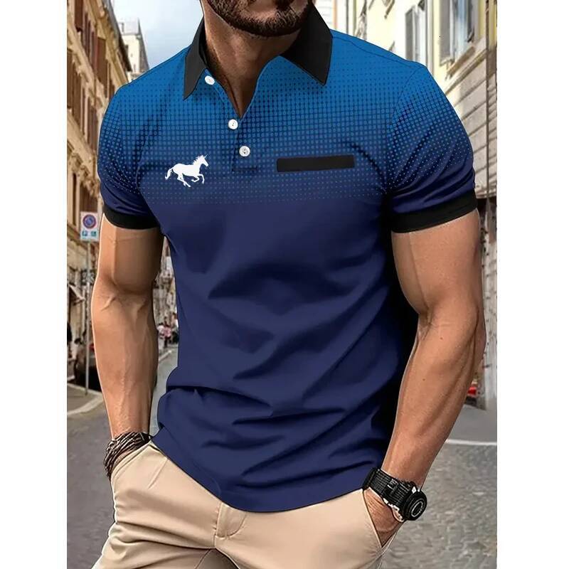 Men Summer Fashion Slim Fit Short Sleeve 100% Polyester Fake Pocket Decoration Casual Sport Golf Polo Shirt