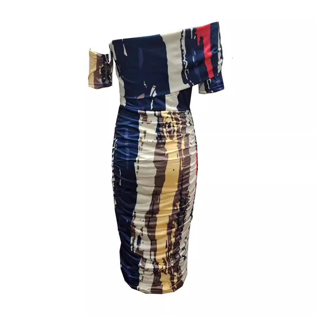 New slim fit printed hip hugging dress with slanted collar short sleeves and waistband mid length skirt