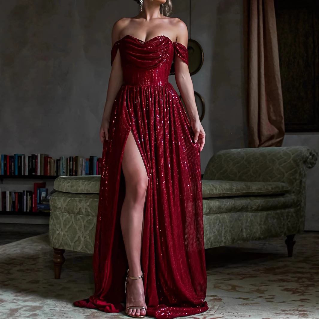 Evening gown socialite party sexy high opening sequins banquet dress nightclub sequins new off the shoulder design