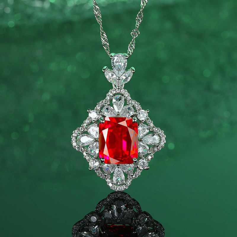 925 Sterling Silver Multi-Color Square Pendant Necklace for Women, Green, Red, Pink, Blue Gemstones, Elegant and Fashionable Jewelry
