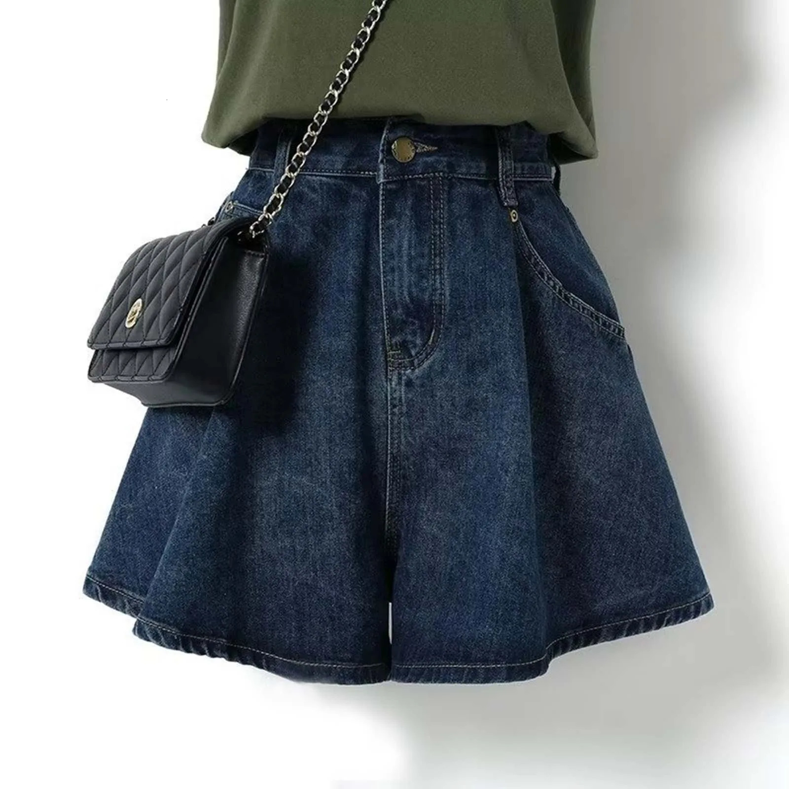 Pleated High Waist Denim Skirt Plus Size Shorts For Women Summer Casual Wide Leg Slim A Line Elegant Girl Pants 250516Z