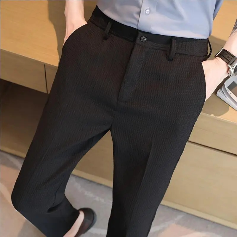 Men Waffle Suit Pants Black White Khaki Fashion Male Business Social Wedding Prom Party Dress Trousers 250526