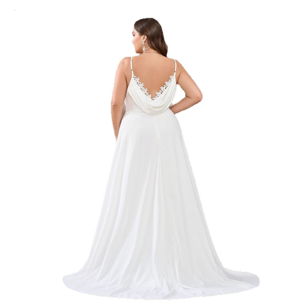 Simple satin lace camisole bow long floor length wedding dress