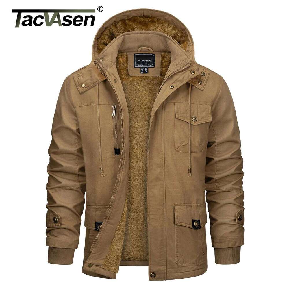 TACVASEN Winter Fleece Cargo Jackets Mens Thermal Lined Warm Work Jacket Removable Hood Windproof Coats WIndbreaker Parka Man