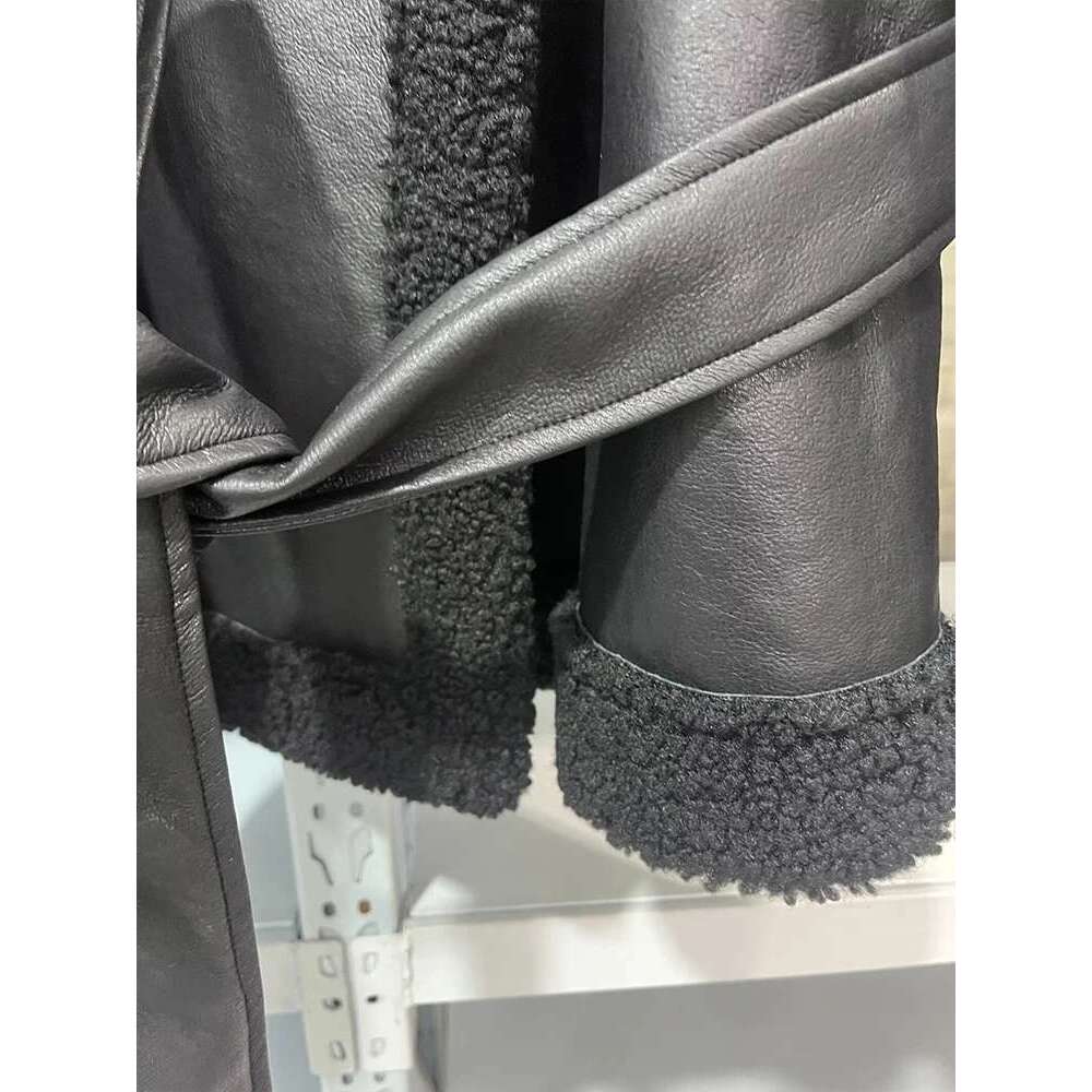 European and American style women's clothing new fashion temperament trend all-match black belt decoration lapel fur jacket