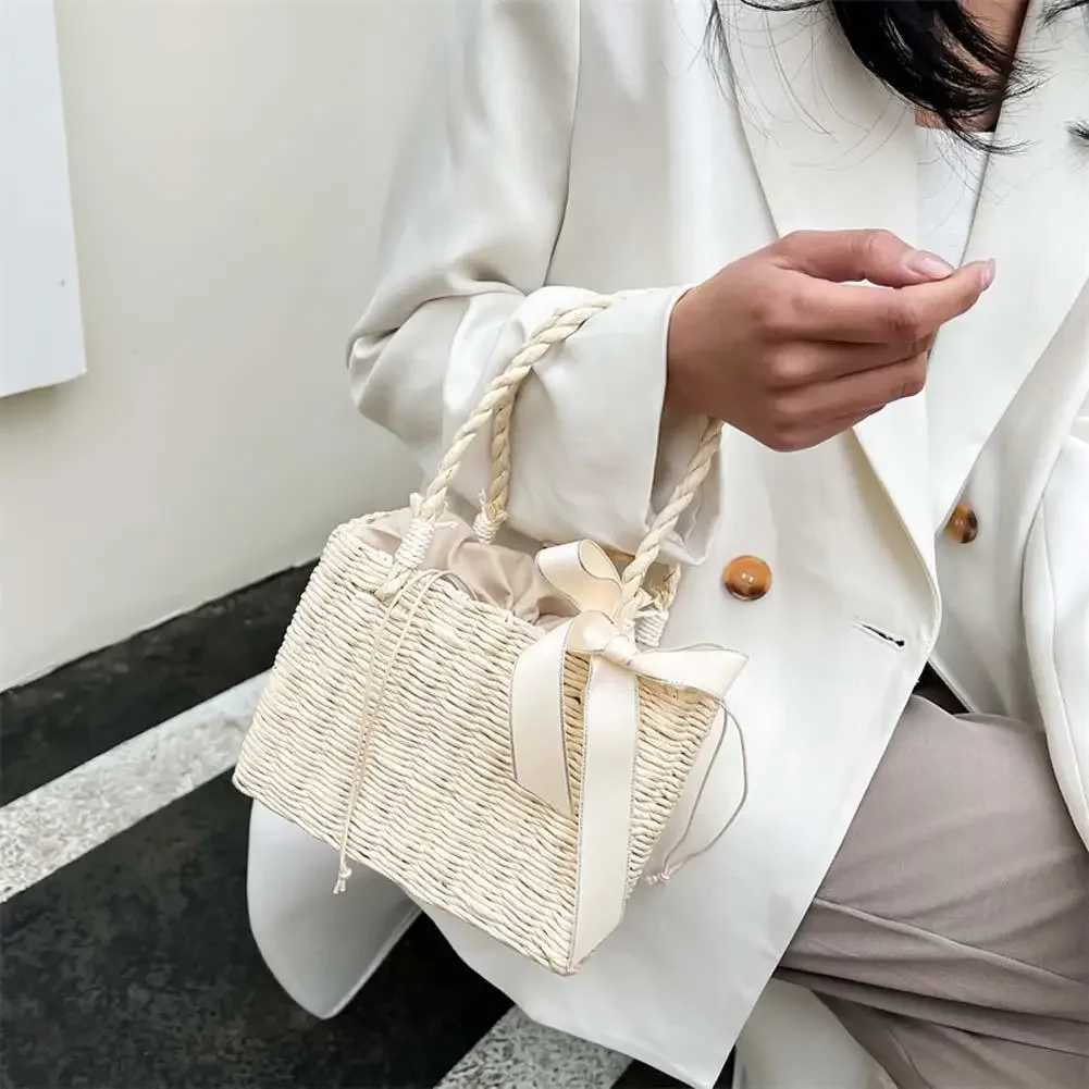 Women Fashion Rattan Silk Ribbon Handbag Straw Square Basket Vintage Tote Clutch W250524