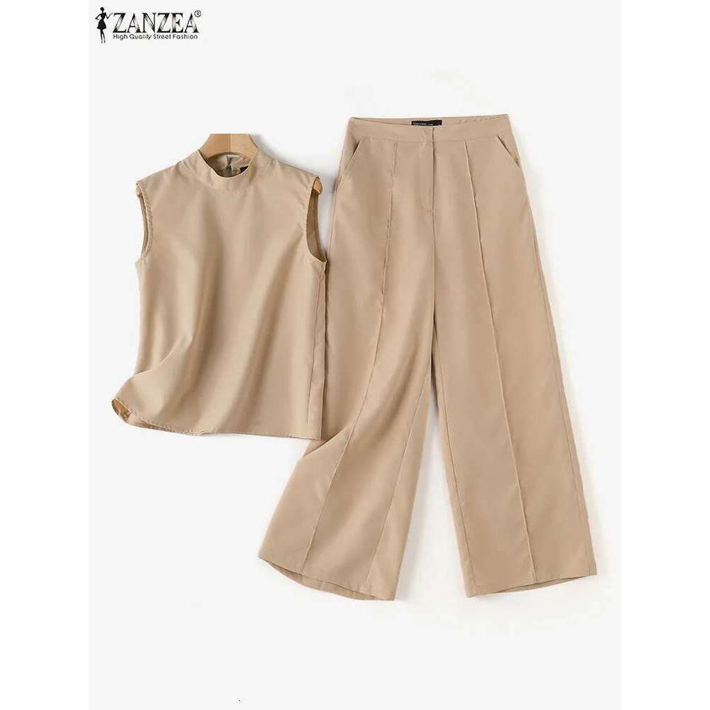 Elegant Women OL Work Wide Leg Trousers Suits Solid Tracksuit 2024 ZANZEA Summer Sleeveless Blouse Casual Pants Sets 2Pcs
