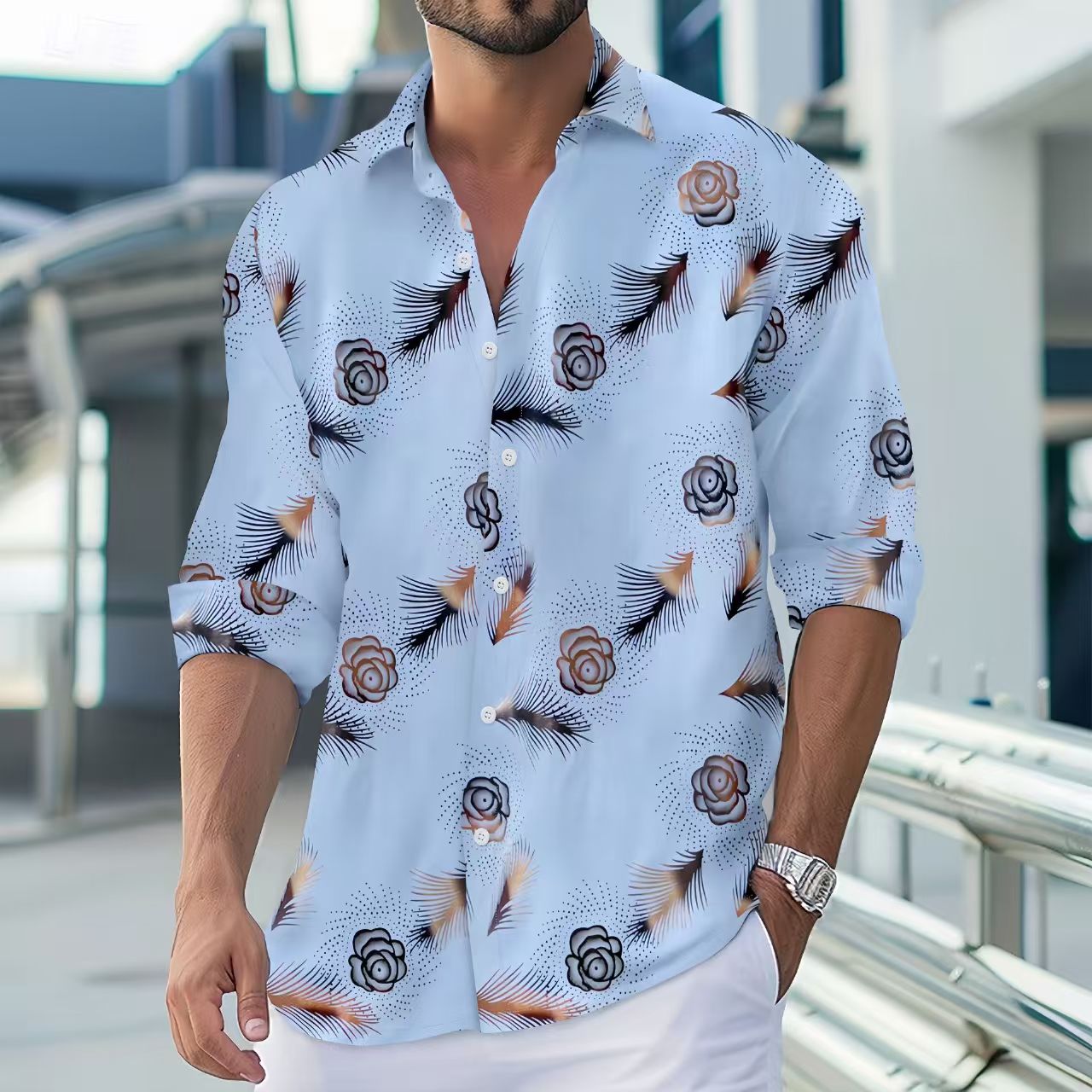 New fashion mens gold foil print casual long sleeve shirt