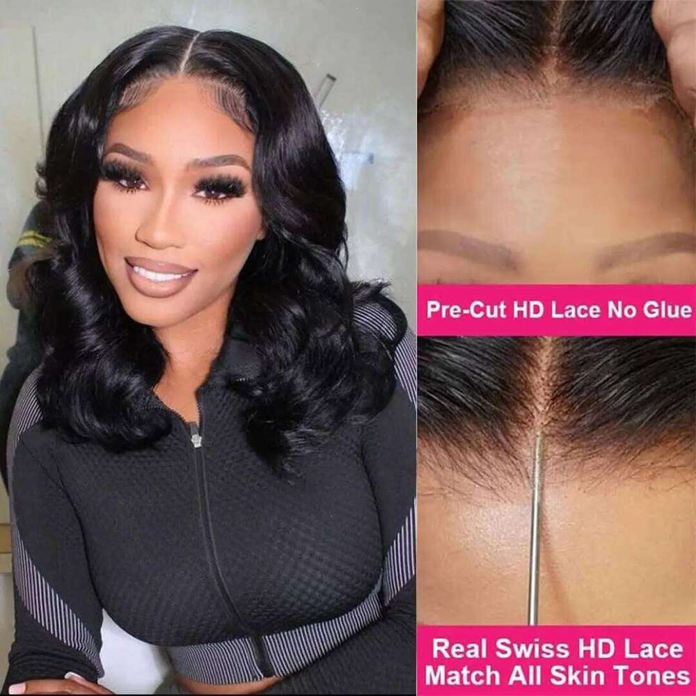 Black Short Body Lace Front Wigs Glueless Natural Wave Synthetic Heat Resistant Fiber Wig With Baby Hair 16 Inch