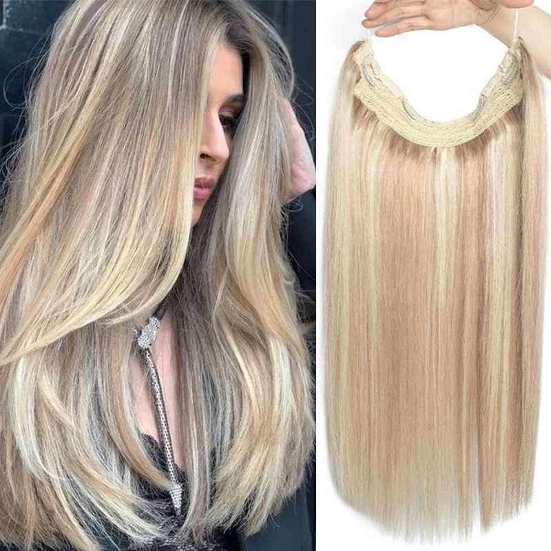 MRSHAIR Clip in Hair Extensions Human Hair One Piece Straight P18-613 Blonde Natural Hair Extensions 12-24inch Fish Line 4 Clips S25526