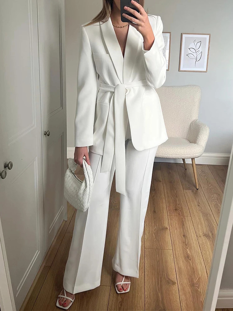 Summer White Women Suits Two Piece Elegant Shawl Lapel No Buttons Dress with Belt Fashion Office Lady Daily Casual Pants Sets 250520A