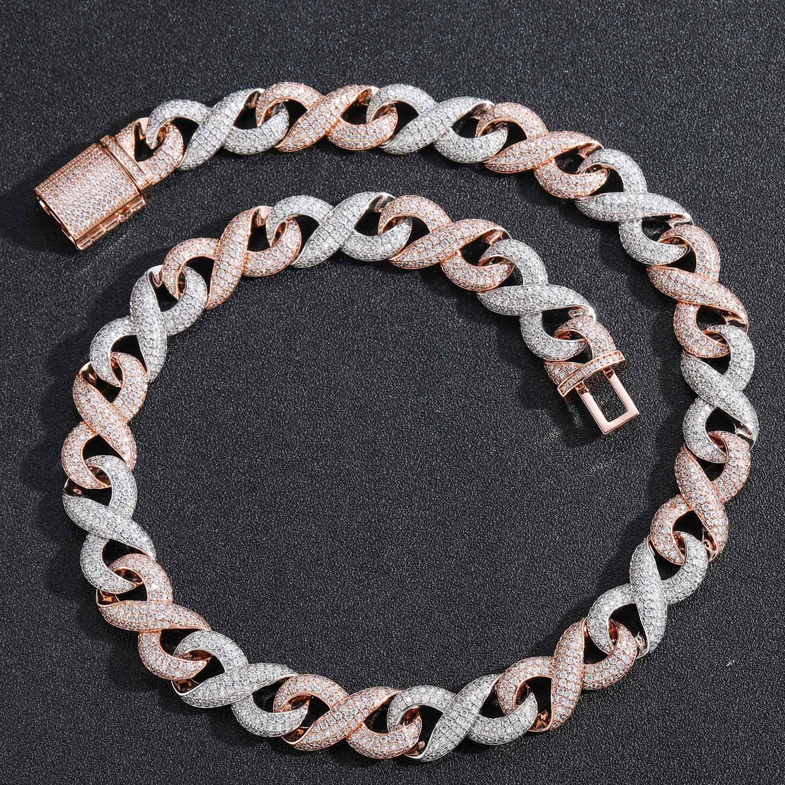 European and American luxury fashion 15mm VVS wide 8-character infinite chain rose gold Cuba hip-hop necklace bracelet Free shipping