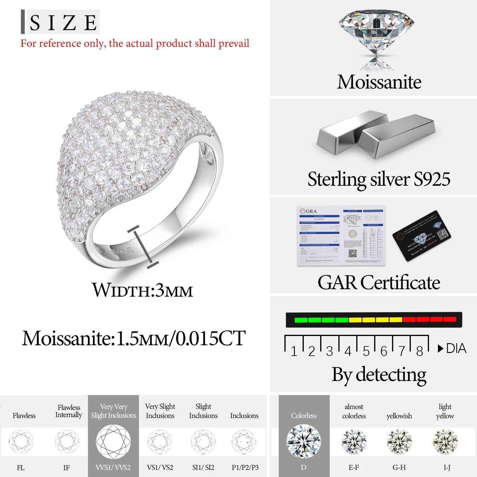 3 Rows 3mm Classic Ring Sier For Women Moissanite VVS1 D Color With Gra Certificate Pass Dia Tester