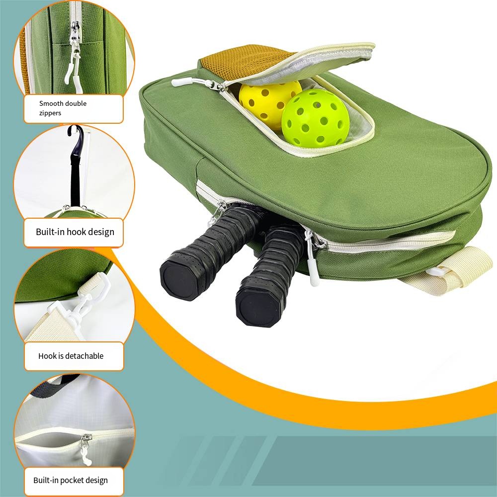 Sports racket bag with single shoulder strap, hook ball pocket, oval shaped activity tennis, sports pickle bag