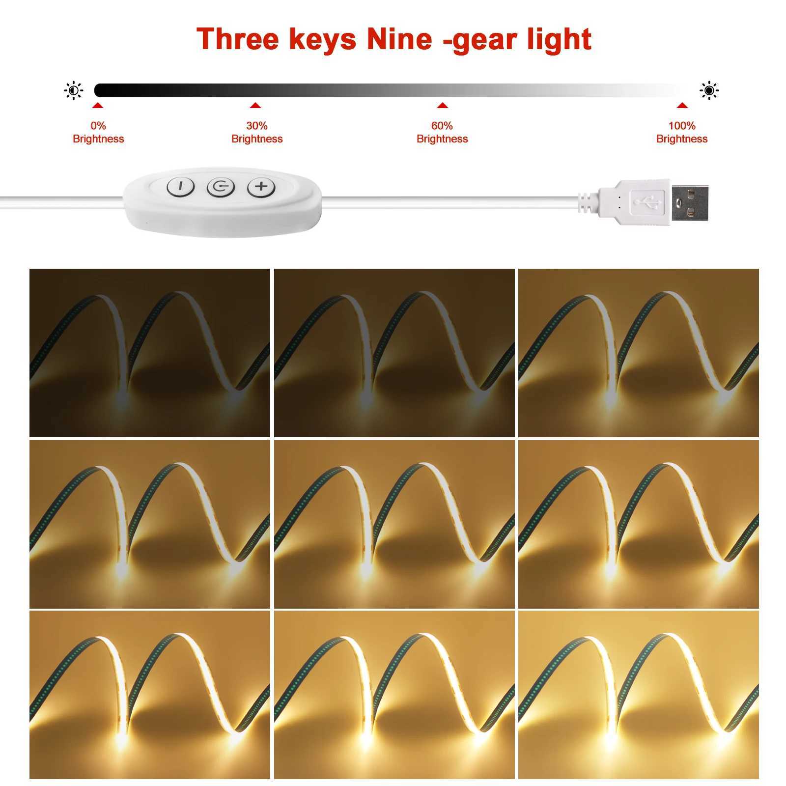 USB LED Strip Light 5V 320LEDs/M COB Dimmable Touch Sensor Switch/ Push Switch Tape DIY TV Mirror Backlight Room Night Lighting W250526