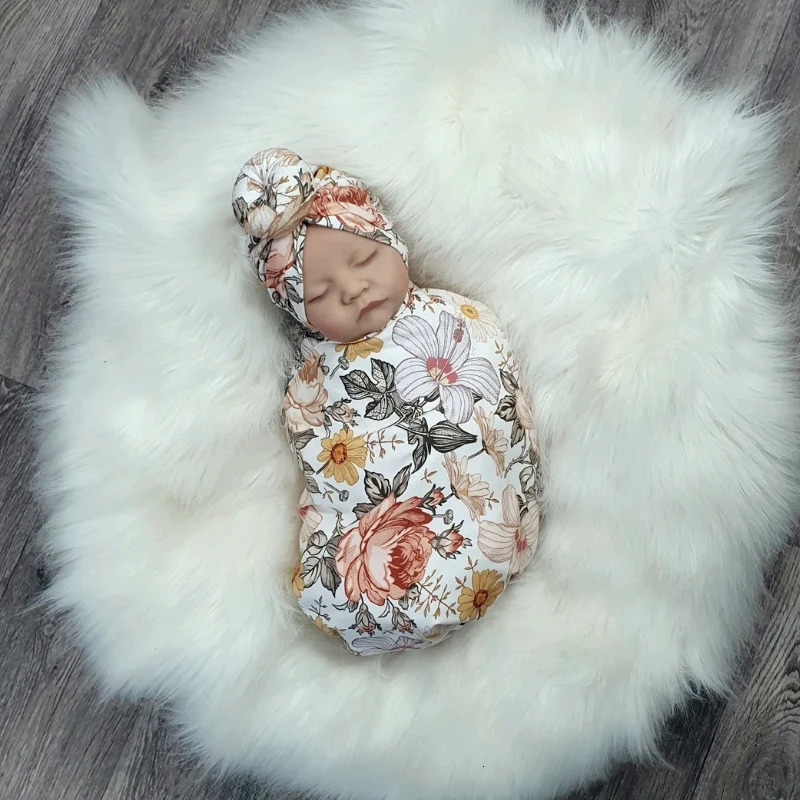 3pcset Baby Swaddle Wrap Born Receiving Blanket for born Babies Accessories Soft Floral Headband Hat Bedding Items 250517z