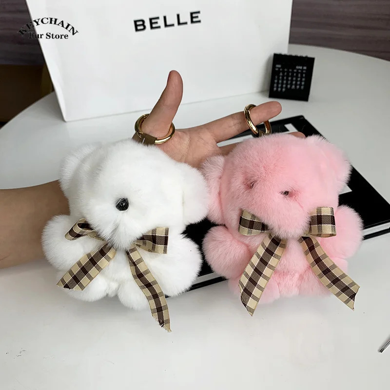 Cute Key Chain Fluffy Plush Little Bear Toy Women Rex Rabbit Fur Keychain Plush Panda Handbag Pendant Car Keyring Girls Gift R250525