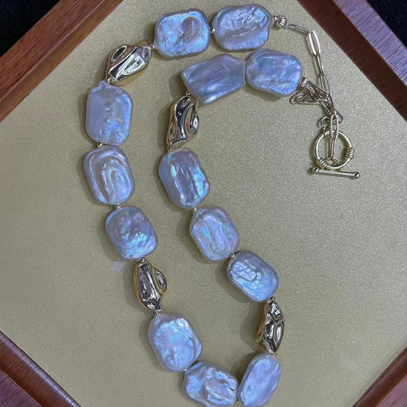 Classical Style Loose-Baroque Squared Pearls Necklace Made from High-Quality Natural Freshwater