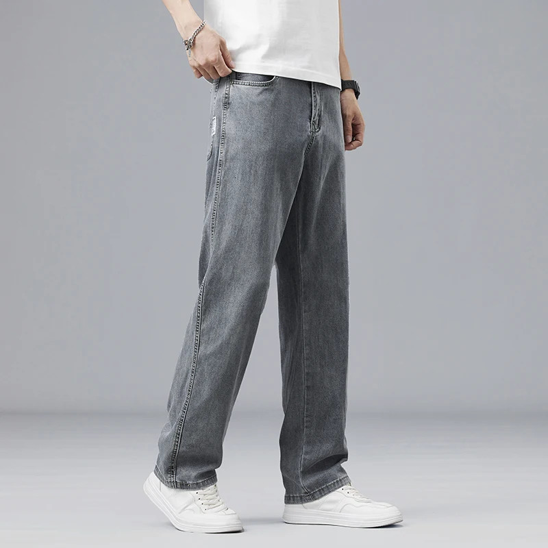Summer Ultrathin Lyocell Mens Jeans Drape Soft Fabric Loose Straight Casual Denim Pants Elastic Ice Silk Male Trousers 250520Z