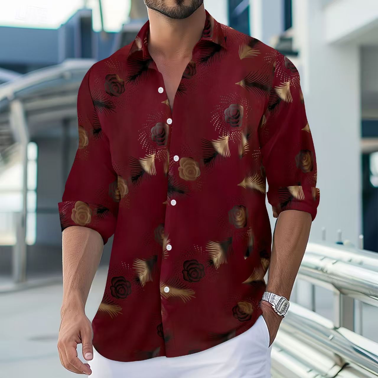 New fashion mens gold foil print casual long sleeve shirt