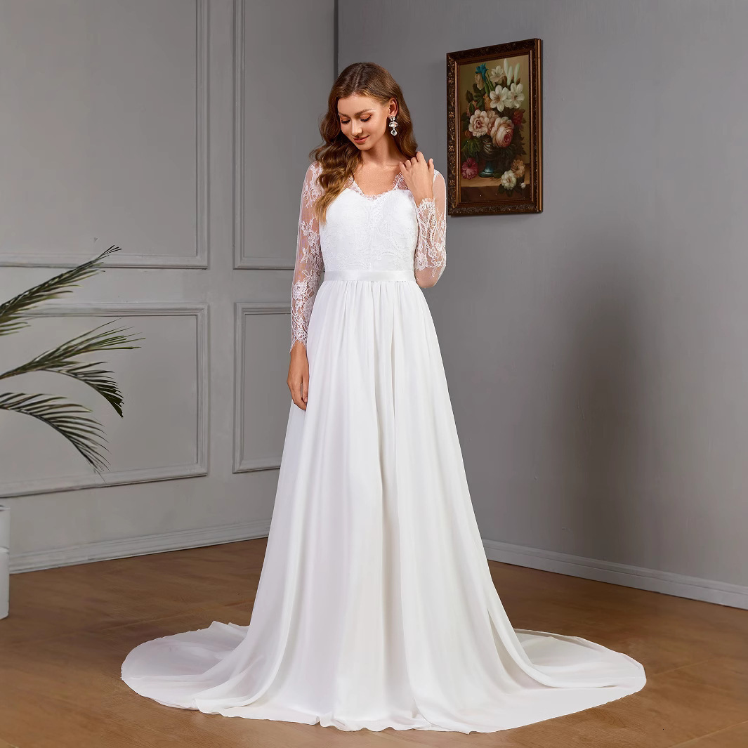New Womens Sexy Lace Long Sleeve Wedding Dress with Chest Cotton Pendant Dress in White