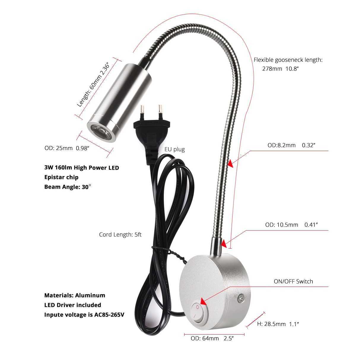 3W Wall Lamp Sconces Bedside Working Study Reading Book wall Night light fixtures Gooseneck Adjustable Spot LED White Black SilverXJ250526