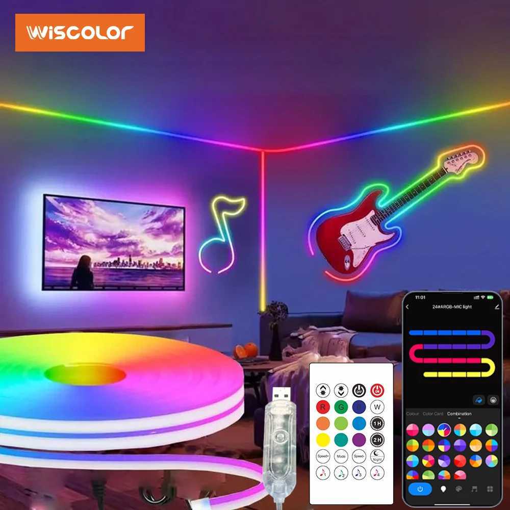 Wiscolor 5V LED Flexible Neon Strip Light USB RGBIC Silicone 1/2/3/5m Waterproof With Remote Control For Room DIY Decor Lighting W250526