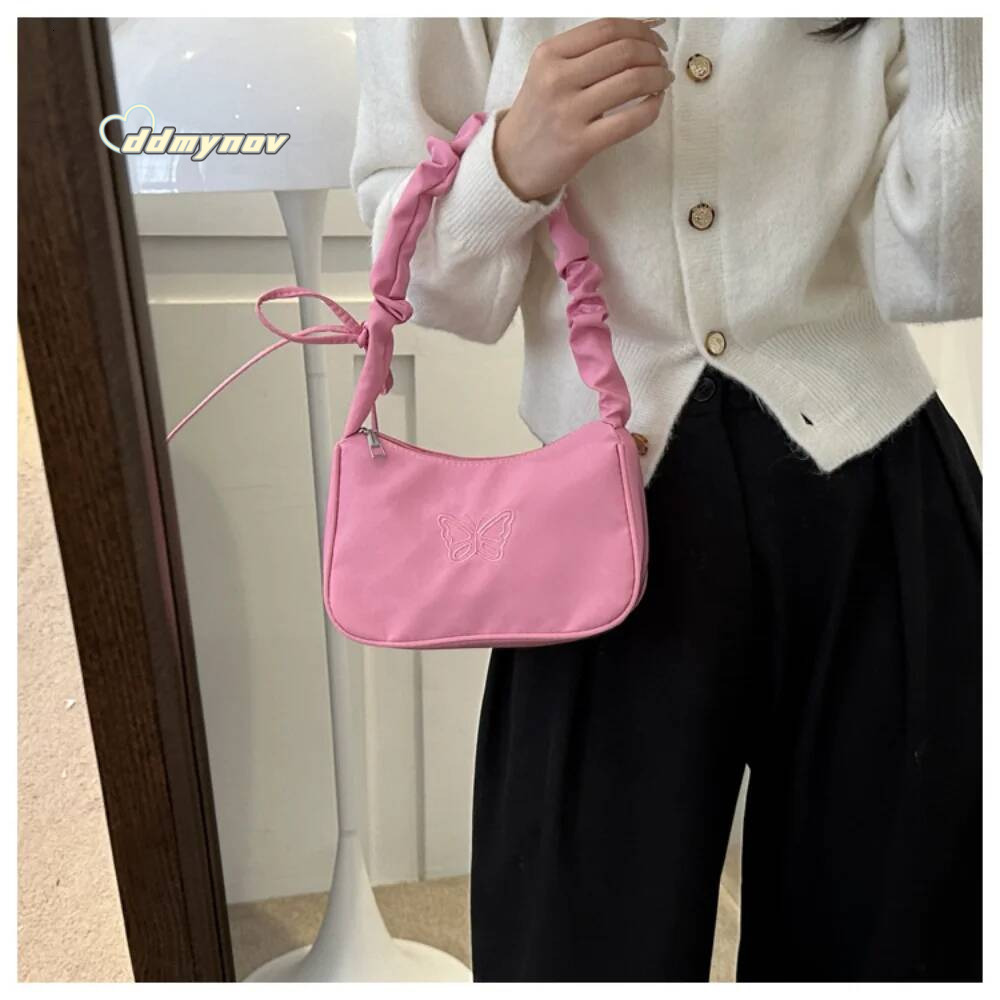 Embroidery Bowknot Butterfly Shoulder Y2k-Style Ruffle Handle Nylon Bow Tote Makeup Lipstick Bag Handbag New ddmynov