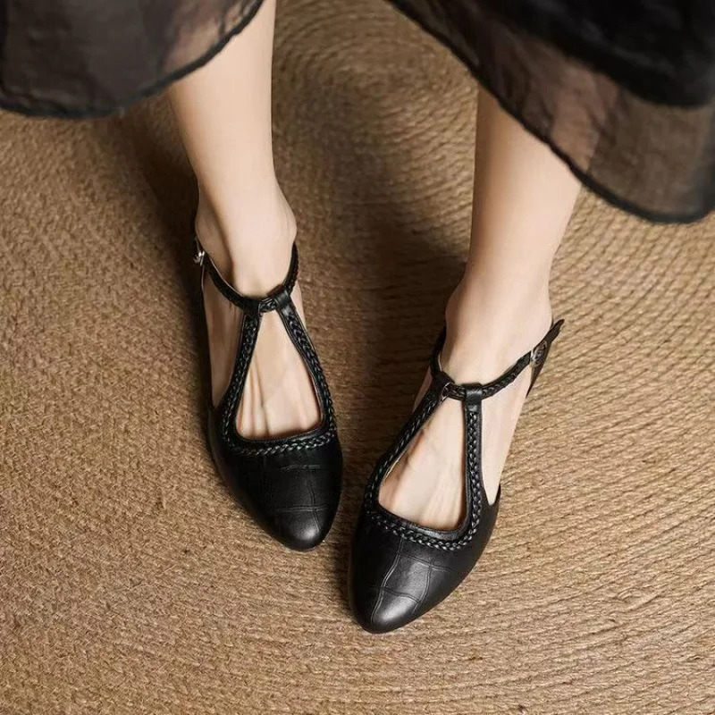 Womens Textured TStrap Flat Sandals Adjustable Ankle Buckle with Woven Detail for Casual Formal Occasions 250526