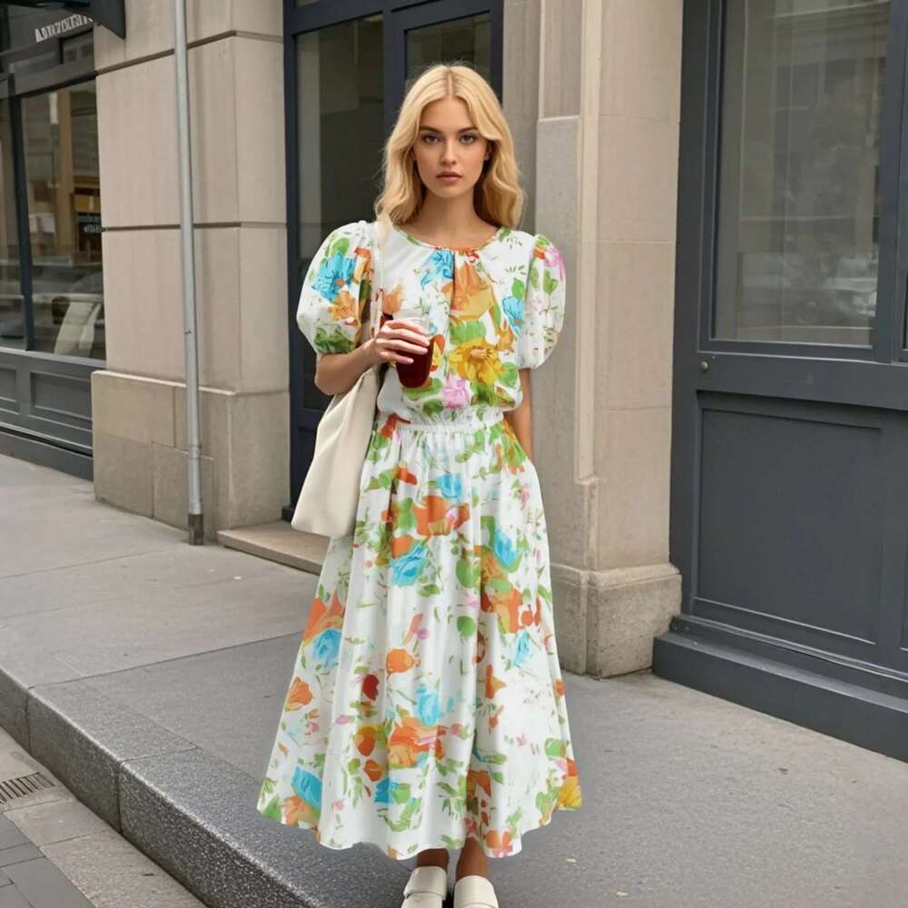 Pb&Za Summer New Women's Fashion Temperament Vacation Style Printed Short Sleeved Shirt High Waisted Skirt Two-Piece Set