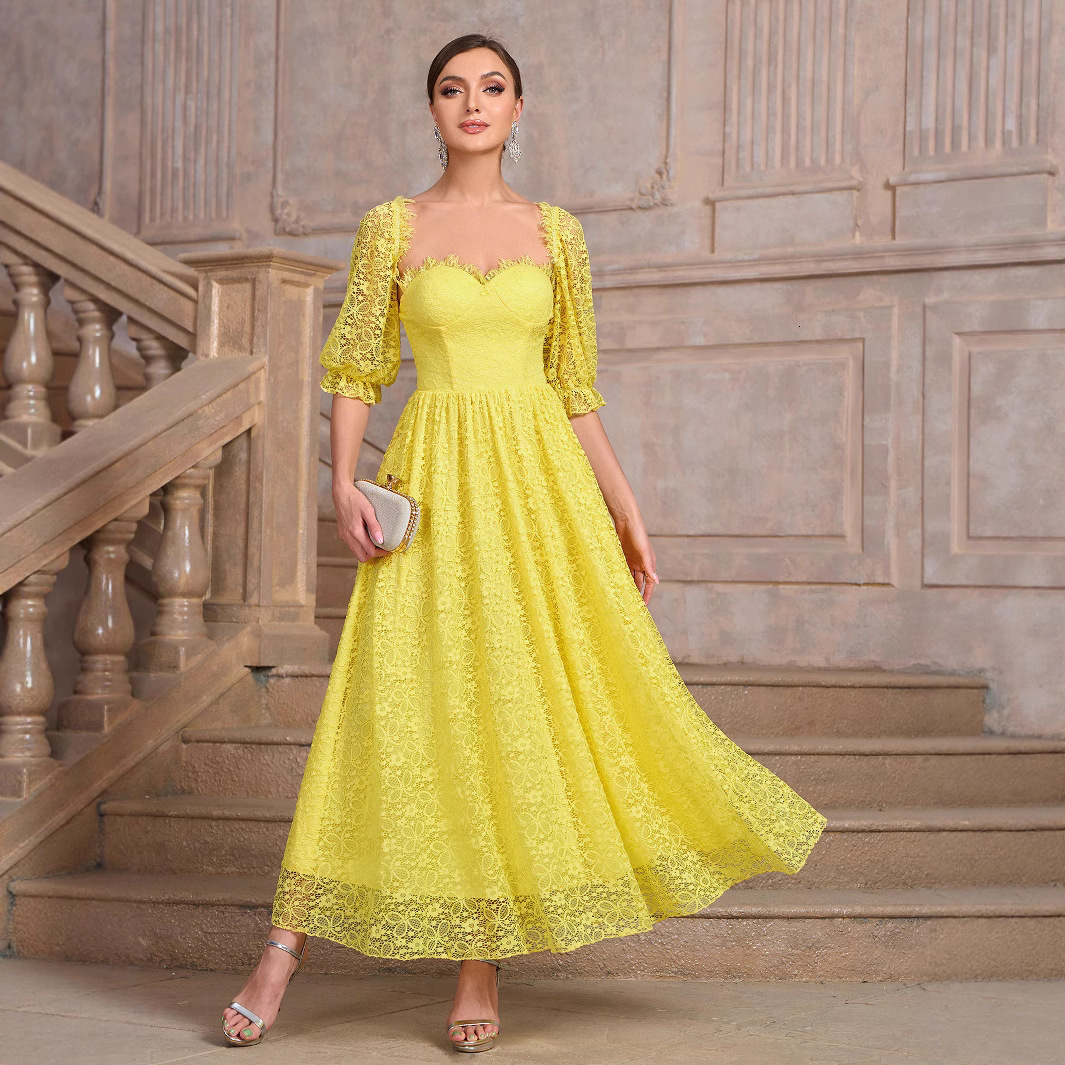 Womens new style bubble sleeve square neck big swing dress elegant 2025