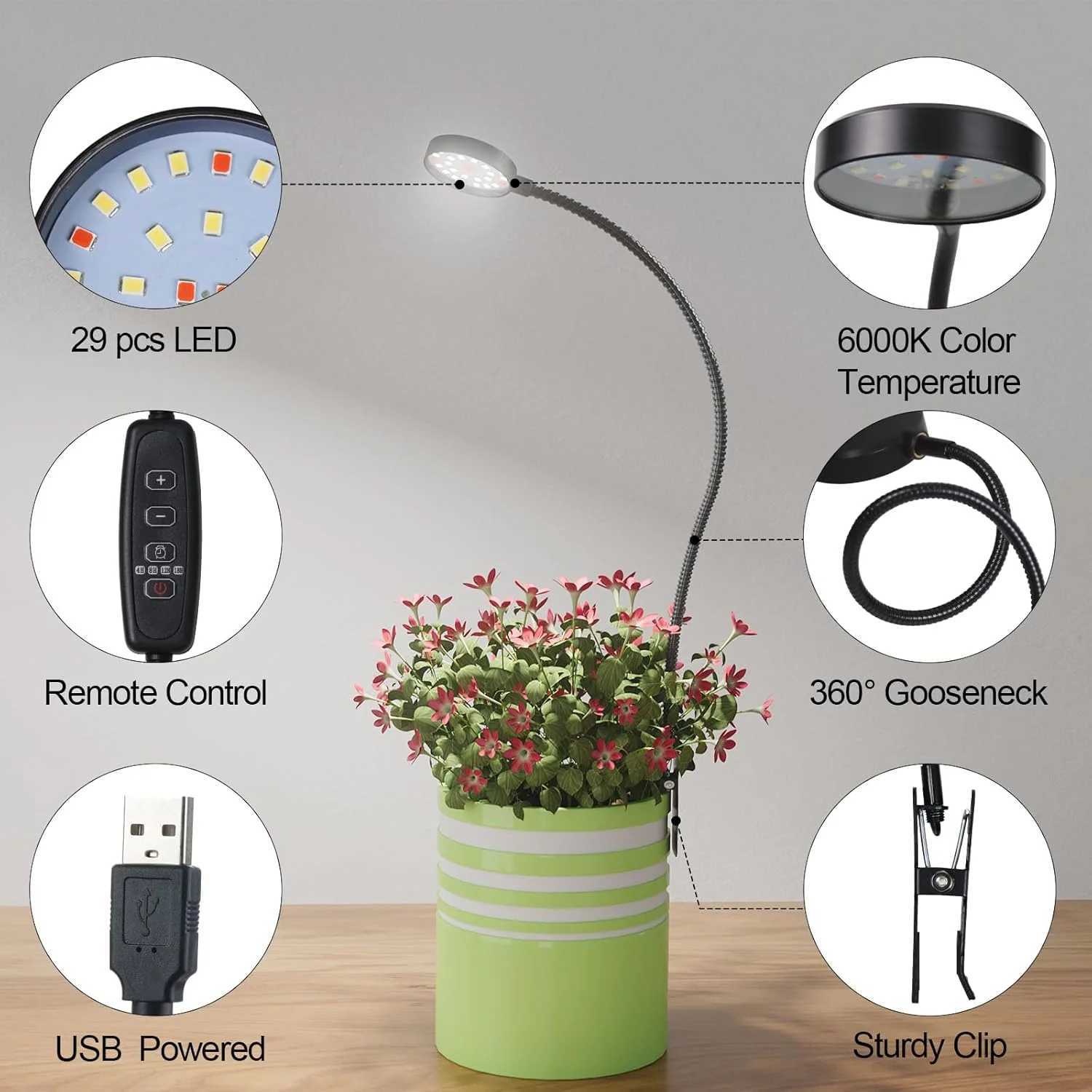 USB LED Grow Light 6000K Full Spectrum Pot Plant Light 5V Gooseneck Clip-on Plant Lamp With Dimmable Auto ON/Off 4/8/12/18HoursXJ250526