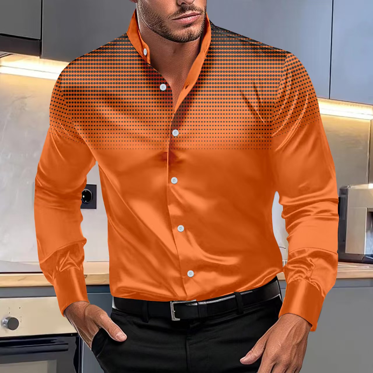 button up shirt Mens four way stretch polka dot print daily casual stand up collar long sleeve shirt