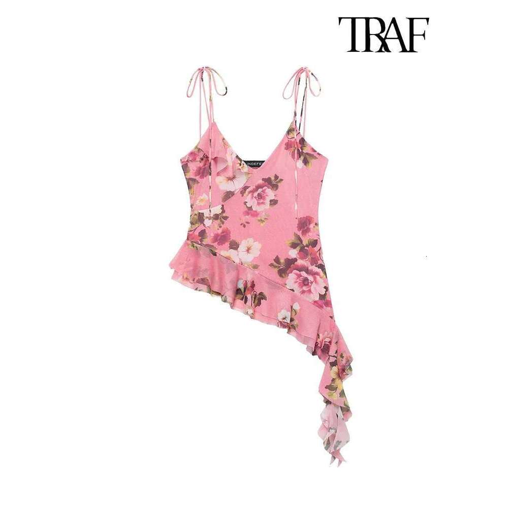 TRAF Women's Fashion Summer Tulle Floral V-Neck Spaghetti Strap Backless Asymmetric Camisole Top + High Waisted Halter Skirt Set