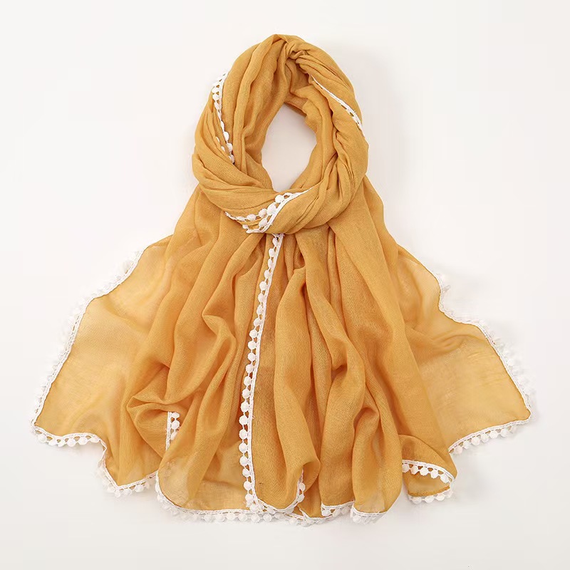 T807 new pure color simple ethnic headscarf scarf black and white lace Bali yarn long scarf female