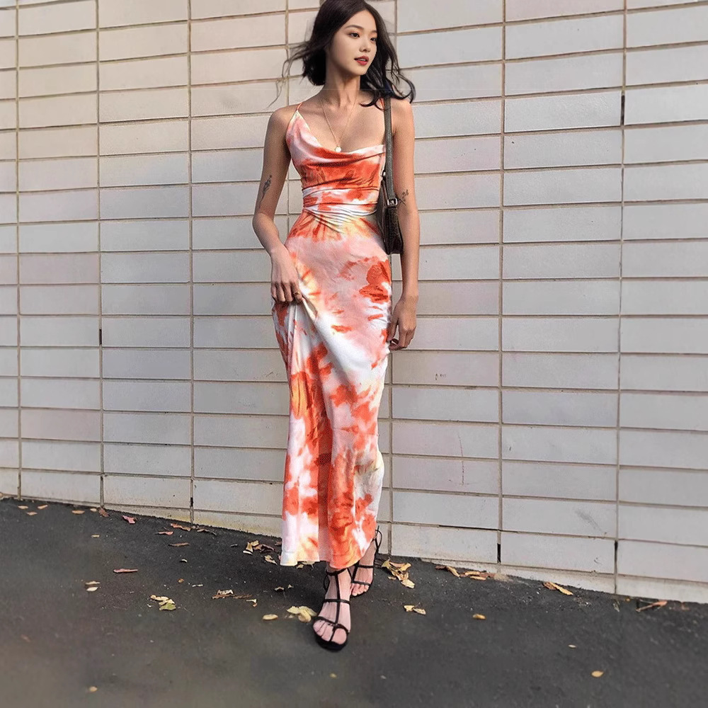 2025 womens summer new print tie dye backless strap long dress for women
