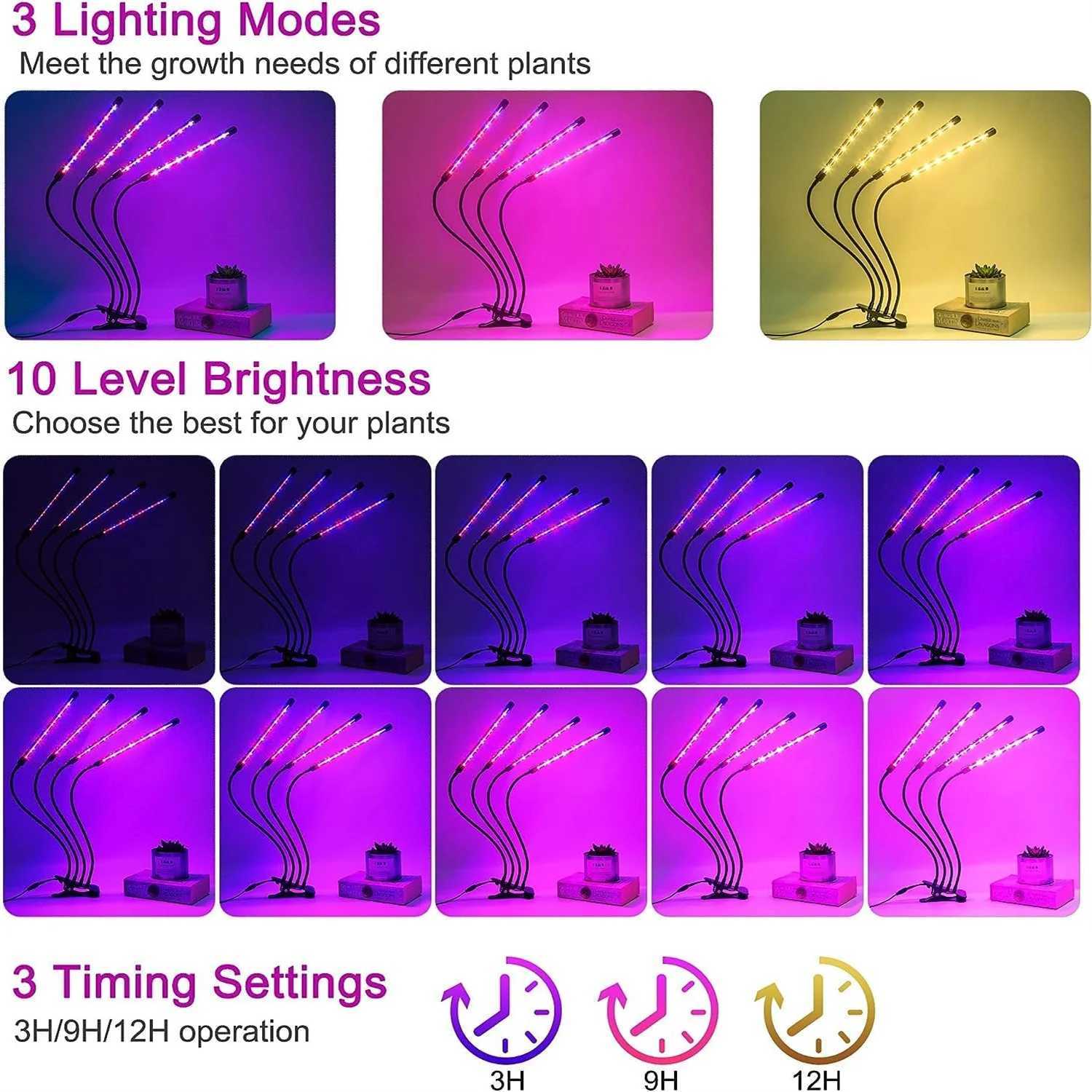 USB 3Colors LED Plant Grow Light Indoor Garden Dimmable Grow Light Full Spectrum Hydroponic Greenhouse 3H/9H/12H Timer SettingXJ250526