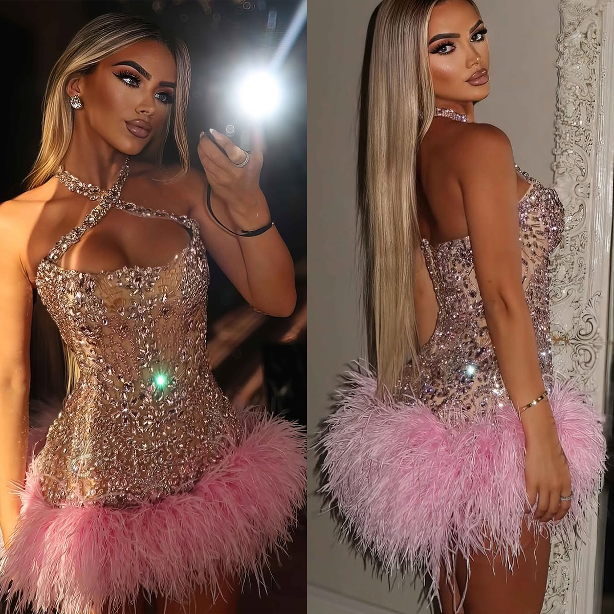 Modest Crystal Cocktail Dresses Feather Halter Mini Short Evening Prom Gowns Rhinestone Illusion Custom Made Backless Graduation Ball Club Party Dress