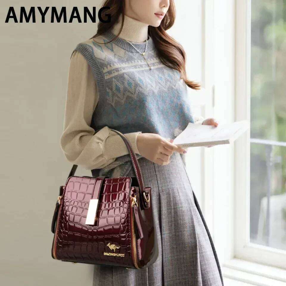 Women Patent Handbag High Quality lnterior Slot Pocket Leather Bucket Female Shoulder Brand Crossbody Bag