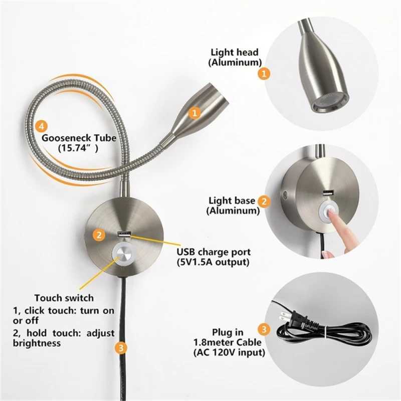 Tokili LED Golden Wall Lamp w/ USB Charger Touch Dimmer - Bendable Gooseneck Bed Headboard Spotlight Sconce for Reading LightsXJ250526