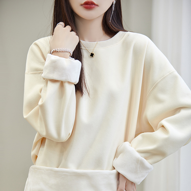 SLL2106 New Korean style casual plus velvet sweater round neck loose drop shoulder casual mid-length tops for women