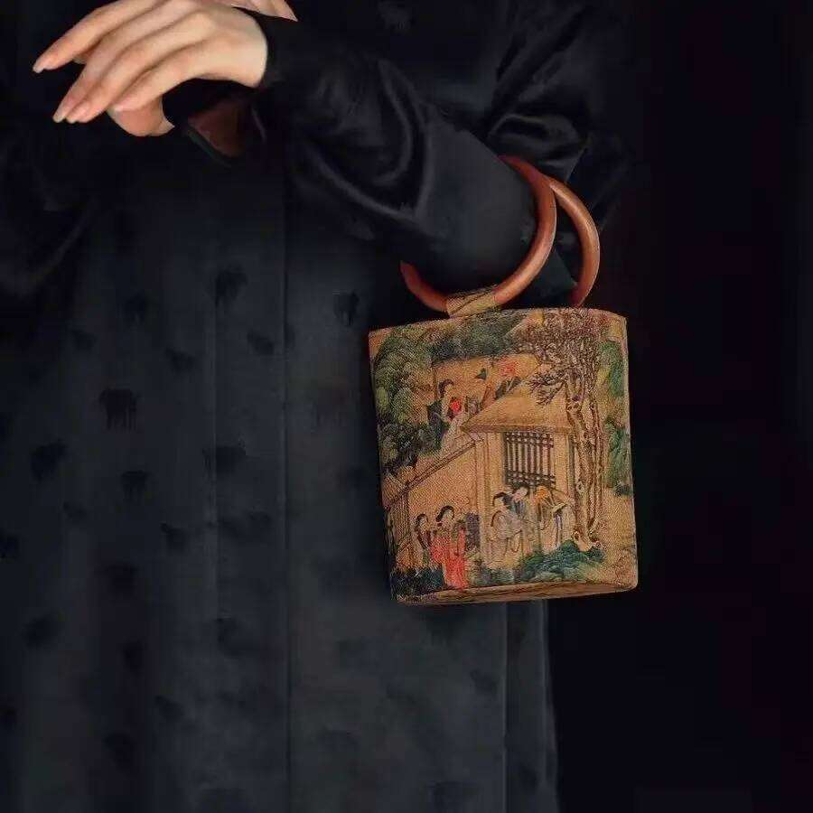 French Fragrant Cloud Gauze Wooden Handle Hand-held Retro Water Bucket Chinese Ancient Style Cheongsam Hanfu Matching Bag