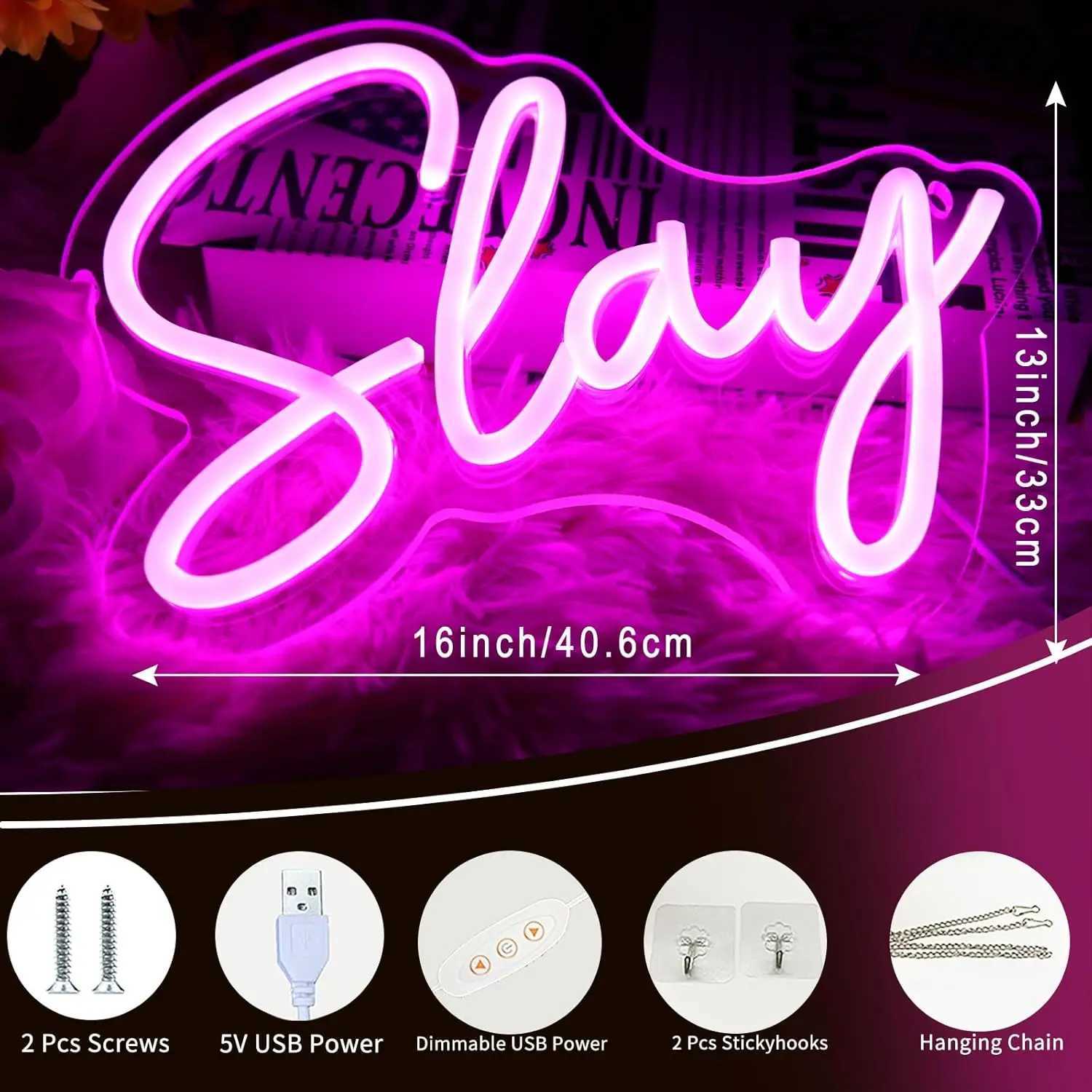 Slay Letter Pink LED Neon Glow Sign Novelty Night Light for Bedroom Room Bar Shop Clothing Store Art Decoration W250526