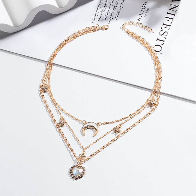 New Alloy Jewelry Fashionable Individual Heart Moon Crystal Multi Layer Necklace for Women Elegant and Versatile for Socialite Street Snaps