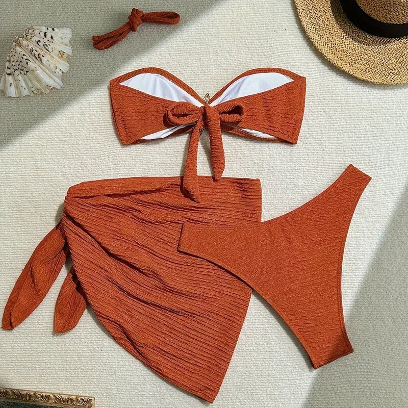 Free Shipping 2025 New Designer Solid Color Swimsuit Three Piece Set Strapless Beach Skirt Bikini Women