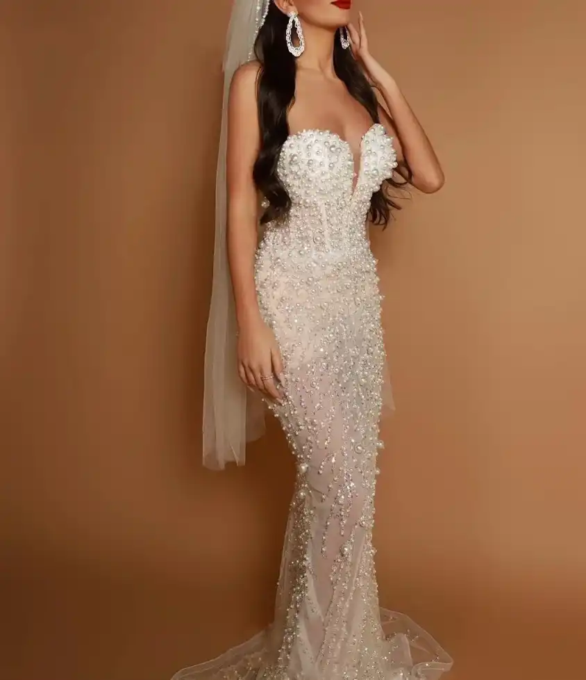 Elegant Mermaid Wedding Dress Sweetheart Neck Sleeveless Bridal Gowns Sequins Pearls Sweep Train Dresses Custom Made vestidos de novia