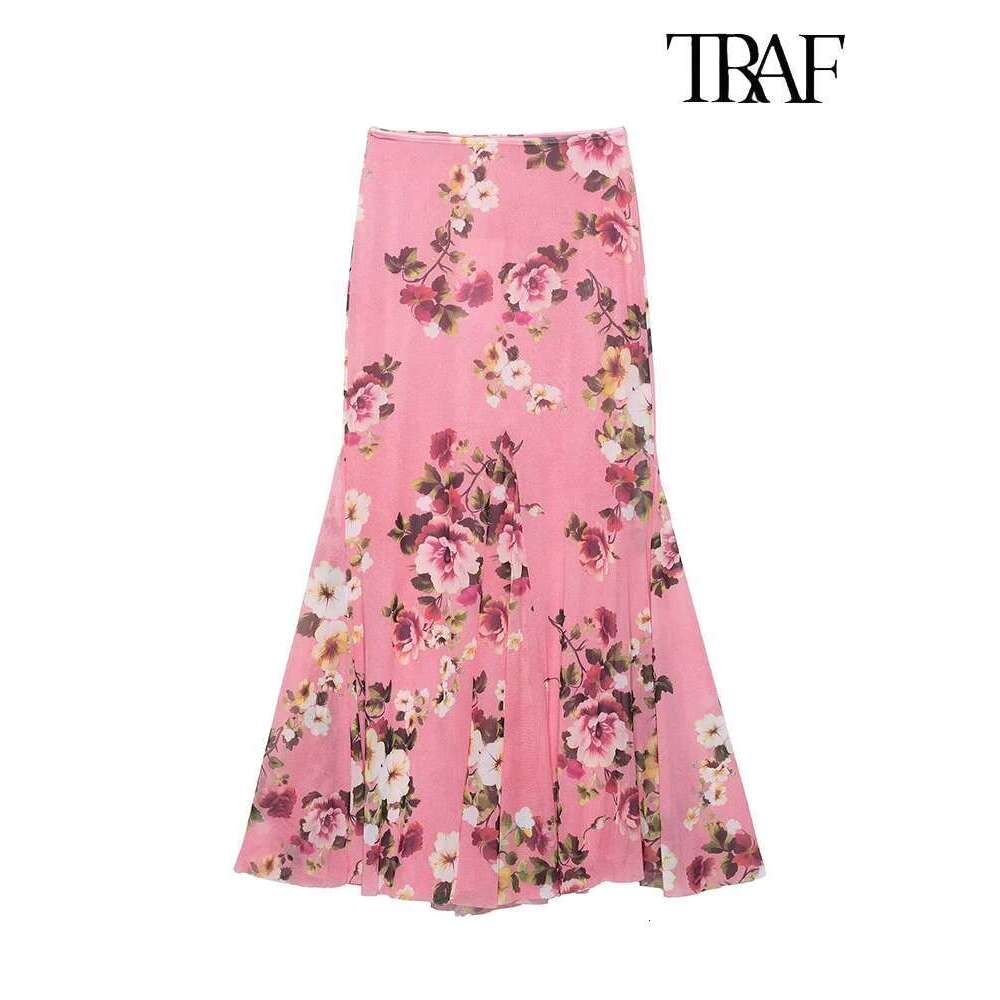 TRAF Women's Fashion Summer Tulle Floral V-Neck Spaghetti Strap Backless Asymmetric Camisole Top + High Waisted Halter Skirt Set