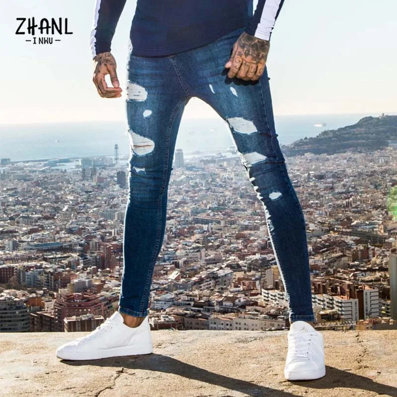 Fashion White Elastic Skinny Pants Man Ripped Jeans Male Streetwear Vintage Wash Solid Denim Trouser Mens Casual Slim fit Pants 250526