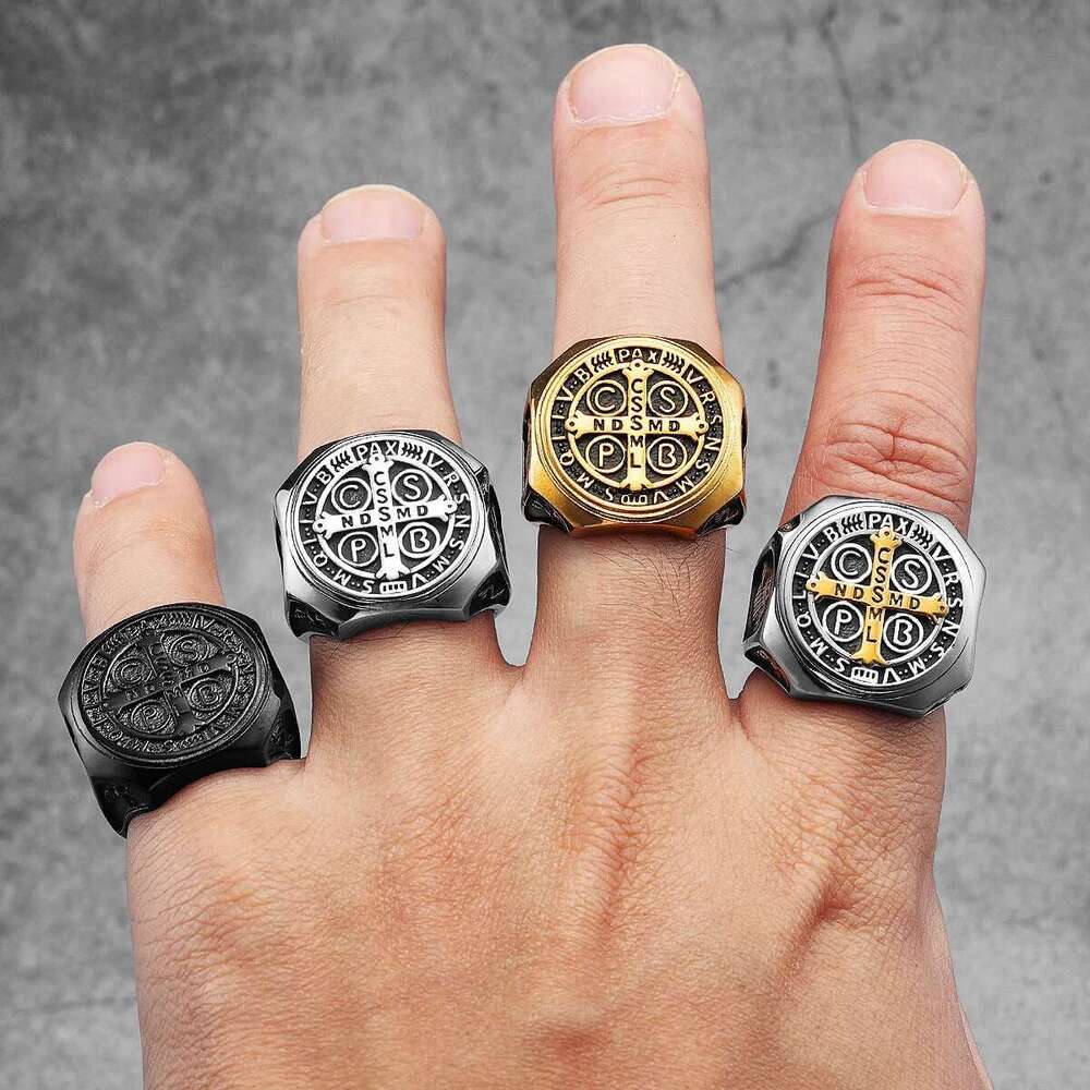 Catholic Saint Benedict Exorcism Amulet Men Rings Stainless Steel Women Jewelry Vintage Punk Fashion Accessories Gift Wholesale